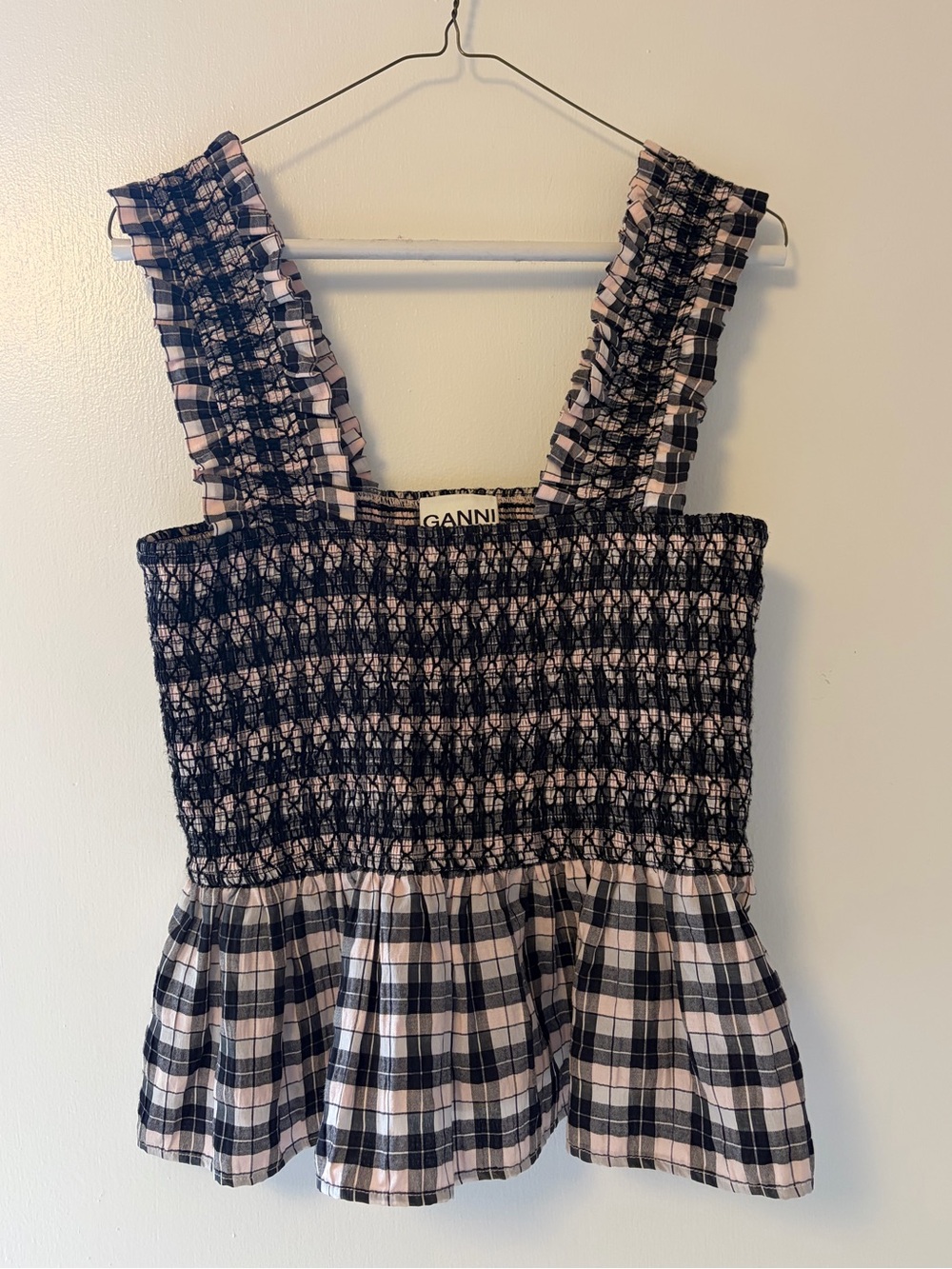 Ganni Plaid smocked peplum
